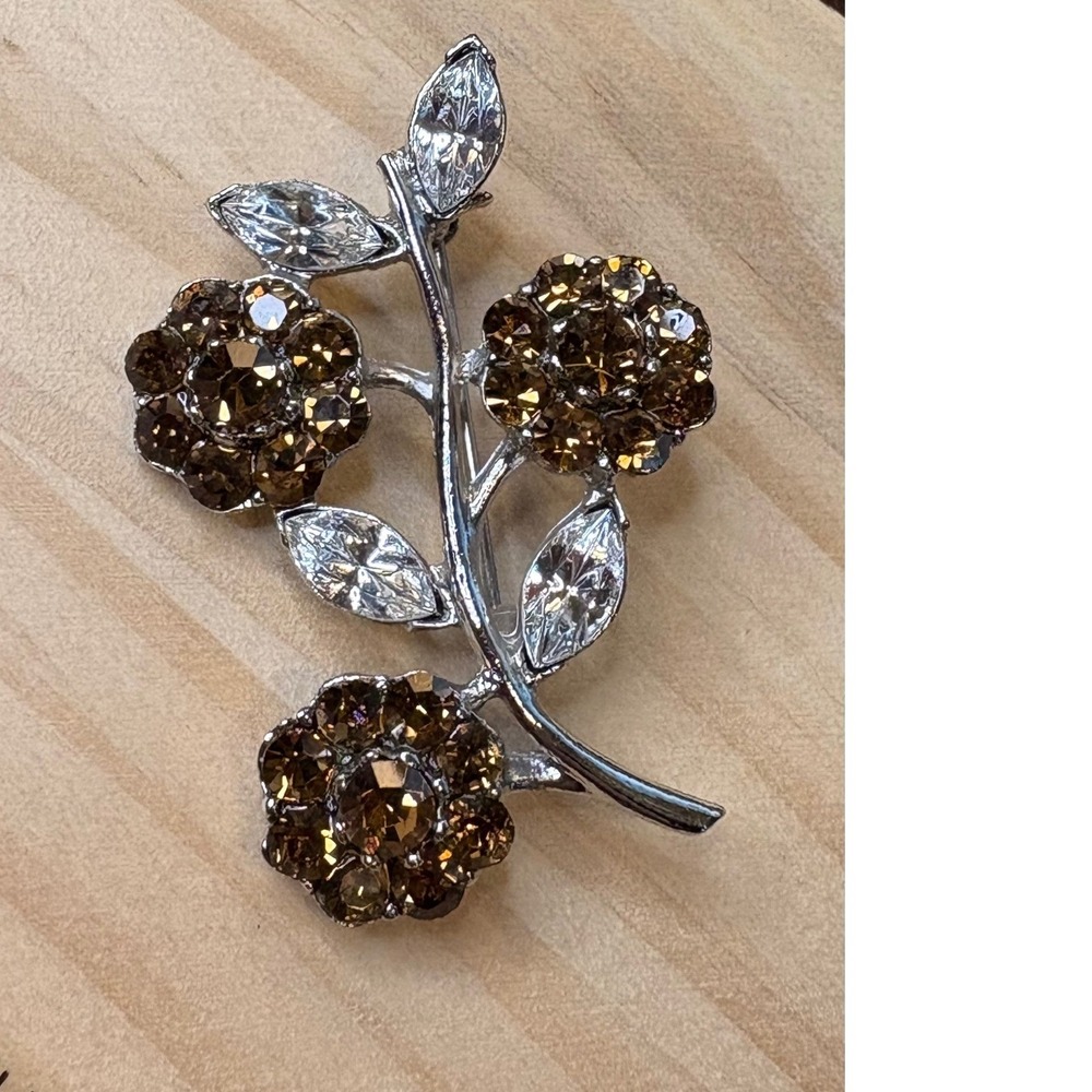 Vintage Style Silver Tone Brown‎ Rhinestone Flower Branch Brooch Pin 2 Inch